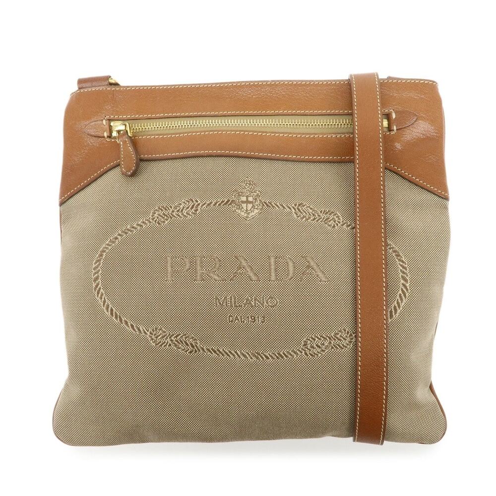 Prada Logo Jacquard Canvas Crossbody Bag Beige
